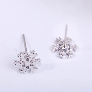 Detailed macro view of silver snowflake stud earrings with intricate cutout design