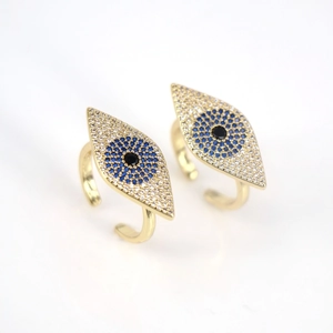 Gold plated evil eye open ring set with sparkling pave zircon stones in blue and white