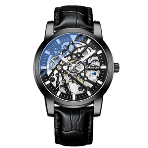 Black skeleton automatic mechanical watch with leather strap and luminous dial