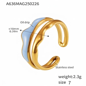 Detail view of double-layer wavy gold-plated stainless steel ring with blue enamel inlay