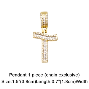 Detailed size view of iced-out letter T pendant with zircon inlays measuring 3.8x1.8cm