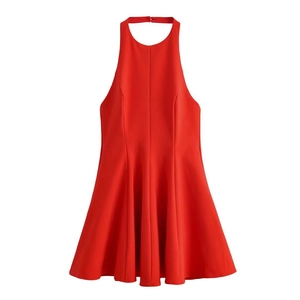 Red halter neck A-line dress with open back and wave hem, flat display on white backdrop
