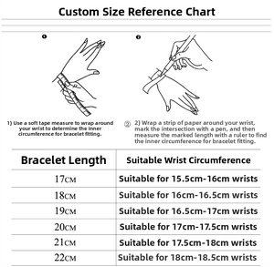 Size chart for volcanic stone bracelets showing measurements for wrist fit from 17cm to 22cm