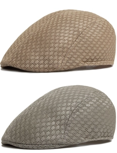 Close-up of breathable mesh fabric on khaki and grey newsboy caps for summer sun protection