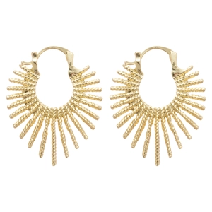 Minimalist golden sunburst hoop earrings with textured metal finish on white background