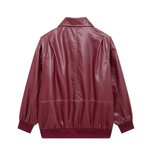 Rear view of deep burgundy PU leather motorcycle jacket featuring a stylish lapel collar