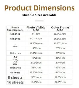 Detailed size chart for creative cardboard frames ranging from 5 inch to A3 dimensions