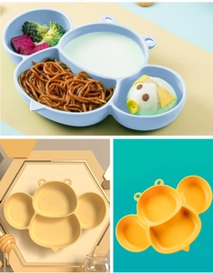 Three-section cartoon bee silicone baby plates in blue, beige, and orange colors