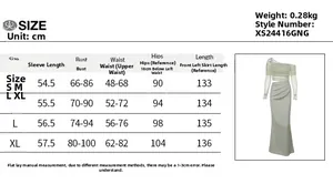 Size chart detail for off-shoulder mesh long dress showing precise S-XL measurements