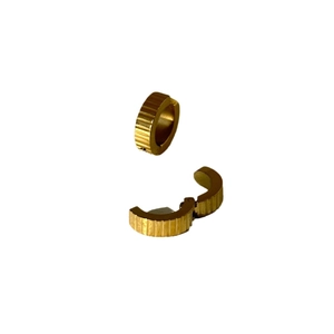 Classic gold stainless steel hoop earrings with textured vertical stripes in a pair