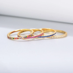 Set of four S925 sterling silver gold rings with colorful cubic zirconia stones