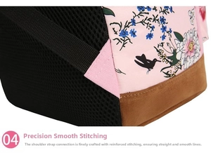 Reinforced stitching detail on floral canvas backpack with breathable mesh back