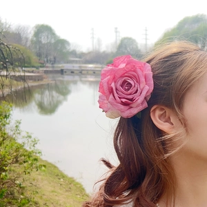 Pink gradient floral shark hair clip worn by a model in a scenic natural outdoor park