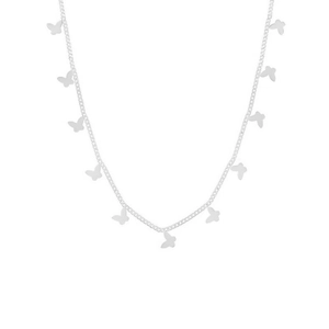 Elegant silver stainless steel necklace with multiple small butterfly charms on white background