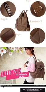 Detail view of brown canvas backpack showing metal buckles and adjustable straps