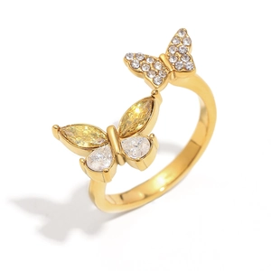 18K gold plated stainless steel open ring featuring dual butterfly cubic zirconia design