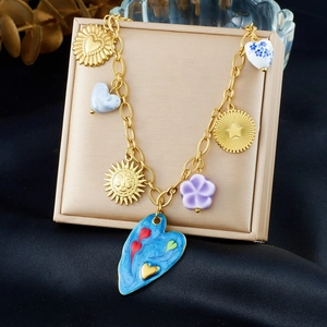 Bohemian Multi-Element Heart Pendant Necklace Stainless Steel Enamel Flower Sun Star Vintage Jewelry For Women
