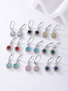 Detailed grid view of multi-colored square zircon earrings with sparkling micro-pave crystals