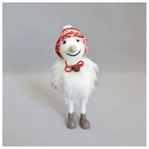 Close-up of white plush snowman ornament with striped knit hat and festive red bow