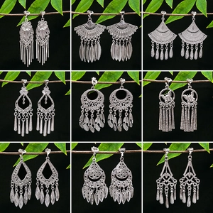 Ethnic Hollow Out Alloy Tassel Drop Earrings For Women Bohemian Vintage Silver Tone Jewelry With Stainless Steel Post