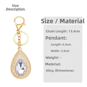 Detail view of rhinestone waterdrop keychain with 13.4cm chain and 6.5cm crystal pendant