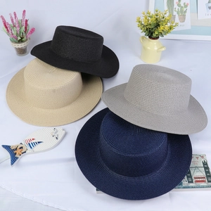 Flat top wide brim straw hats shown in black, beige, grey, and navy blue options