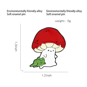 Detail view of mini mushroom frog enamel pin with 1.3 inch height and eco-alloy material