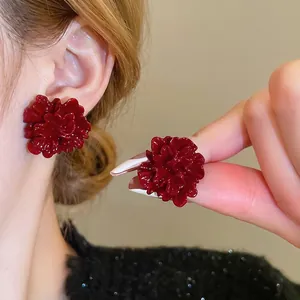 Vintage Red Flower Stud Earrings With 925 Sterling Silver Earring Post Multi Layered Resin Petals Elegant Jewelry For Women