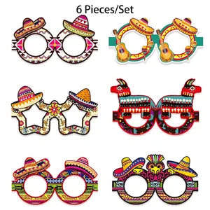 Set of 6 colorful Mexican Fiesta party glasses with sombrero, guitar, and pinata designs