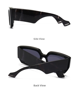 Side and back view of retro oversized sunglasses with marble texture and geometric temples