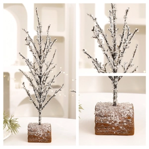 Artificial pine Christmas tree with frosted snowy texture and realistic wooden base decor