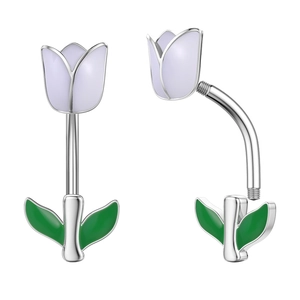 Detail view of tulip belly button rings with purple enamel and curved threaded steel bars