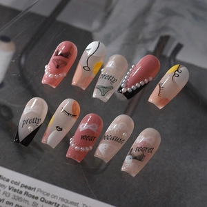 5D thin adhesive nail stickers with pearl accents and abstract face line art TK-008