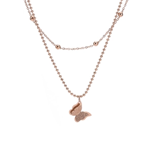 Double layer rose gold butterfly necklace featuring bead chain and sandblast finish