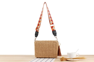 Detail of woven straw crossbody bag with colorful geometric strap and brown leather fringe