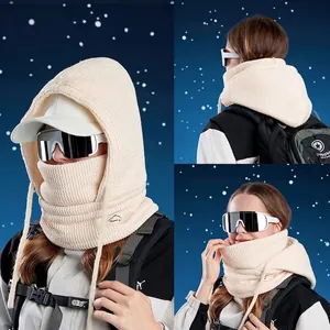 Masque à capuche tricoté beige avec doublure polaire épaisse pour chaleur coupe-vent en ski