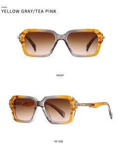Front and side view of square aviator sunglasses with yellow gray gradient frames