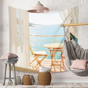 Detailed close-up of bohemian coastal tapestry with sea view design in a cozy interior