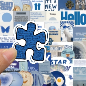 Blue aesthetic vinyl stickers with handwritten words for journaling and laptop decoration