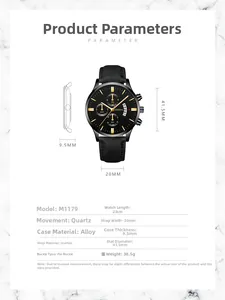 Spécifications de la montre à quartz Geneva avec bracelet en cuir noir et boîtier en alliage