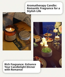 Detailed views of natural soy wax candles in brown glass jars for romantic home decor