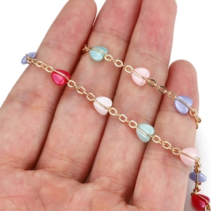 Gold color chain with colorful heart shaped beads for DIY jewelry making and crafts
