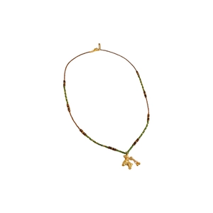 Vintage tiger eye horse pendant necklace with brown and green beads on white background