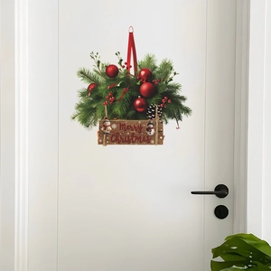 Christmas hanging basket door sticker with pine needles, red balls, and Merry Christmas sign