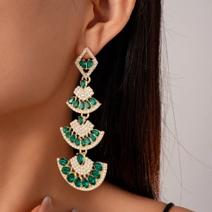 Emerald green fan-shaped drop earrings with micro-set zircon in gold finish