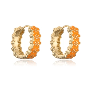 Gold hoop earrings with orange enamel floral patterns and a high-shine polished finish