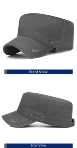Detail of grey cadet cap featuring side metal logo and breathable metal eyelets