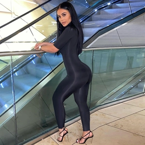 Chic black short sleeve jumpsuit with high elastic satin finish and sleek front zipper