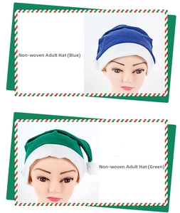 Detail of blue and green non-woven Christmas hats for adults with plush white trim