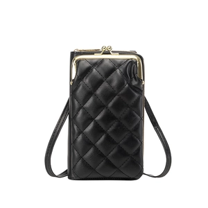 Elegant black quilted phone crossbody bag with gold clasp and slim shoulder strap